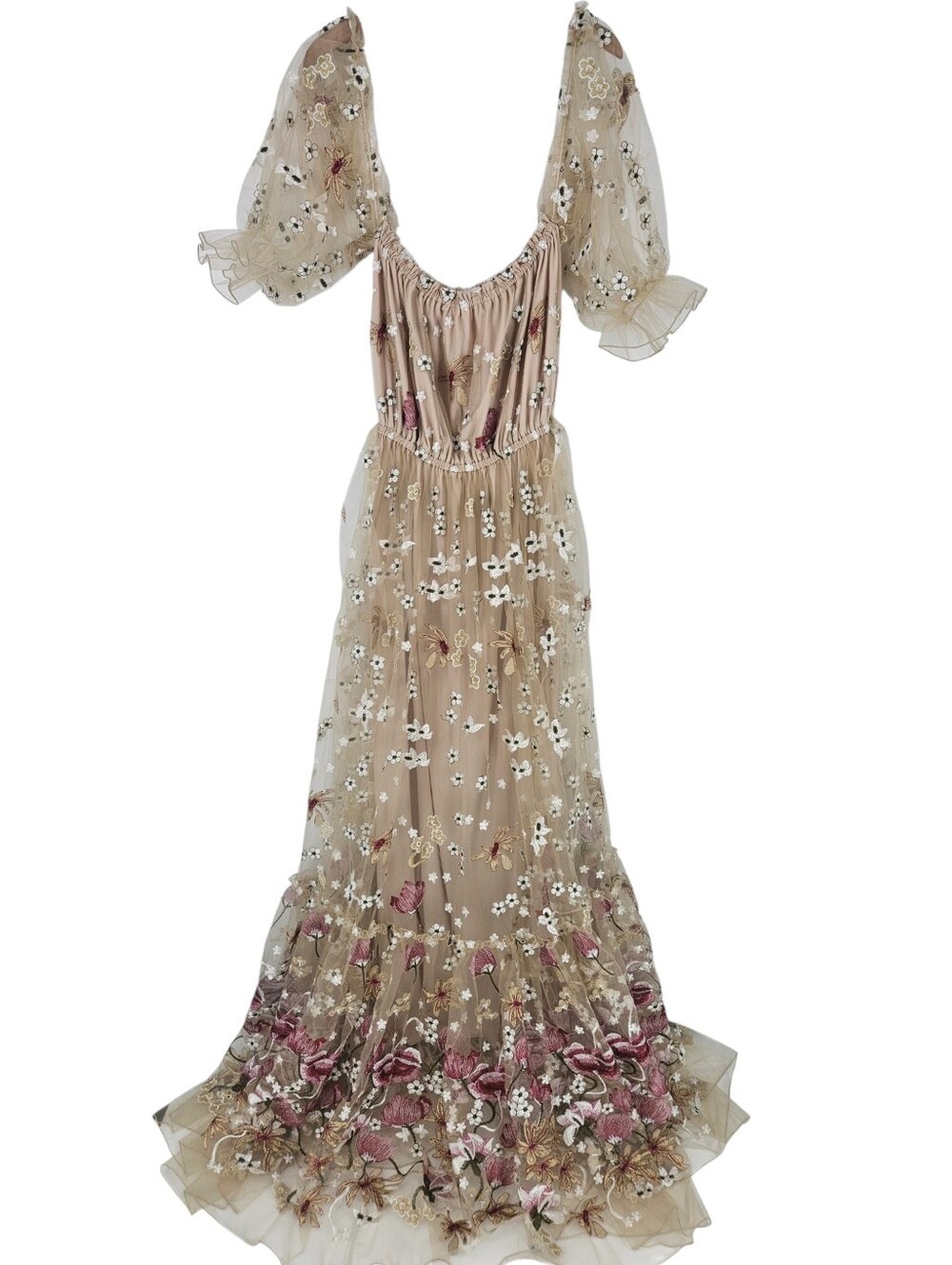 Zebu Be You Spring Meadow Blush Floral Applique Maternity Tulle Boho Gown Dress - Picture 3 of 13